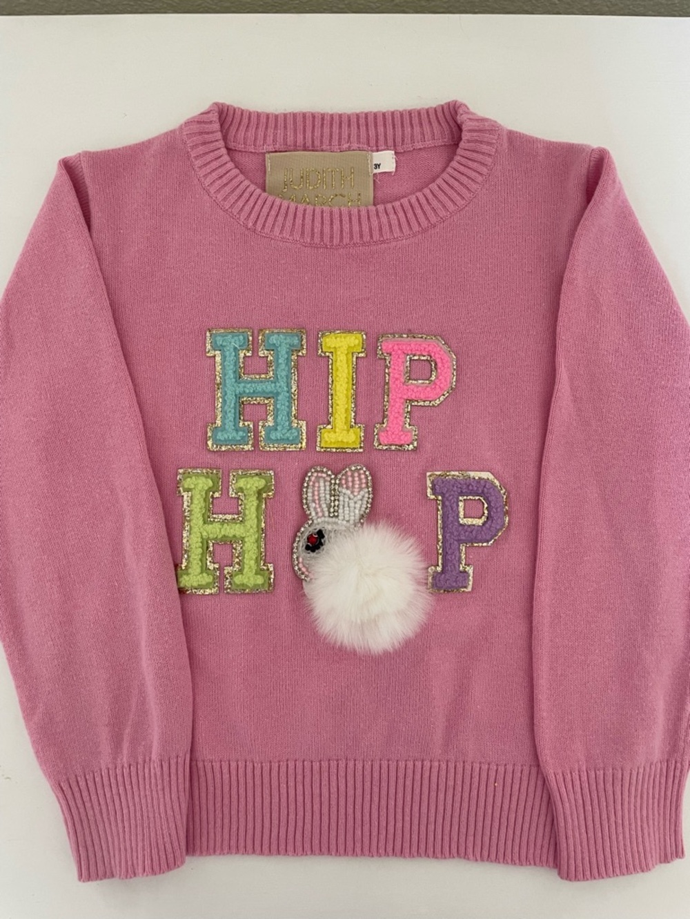 Judith March Pink Sweater with Sequin 'HIP HOP' and Pom Pom Bunny
